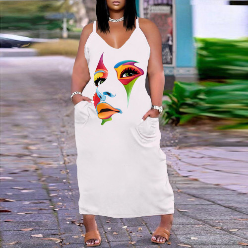 Sexy V-образным вырезом Loose Slim Fit Sling Midi Plus Size Print Dress
