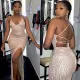 Women Fashion Sexy Low Back Lace-Up Sequin Slit Evening Dress