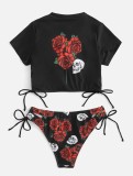 short sleeves rose print drawstring Two Pieces bikini