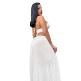 Women Sexy Holidays Slim Lace-Up Halter Neck Cutout Patchwork Maxi Dress Summer