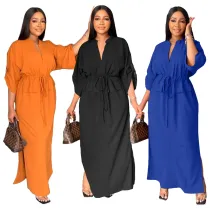 Women's Casual Fashion Stand Collar Slit Solid Dress