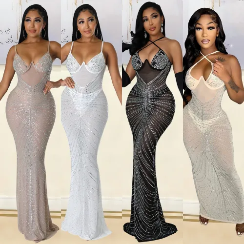 Summer Ladies Sexy Mesh Beaded Nightclub Strap Evening Dress