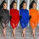 Women's Fashion Mesh See-Through Round Neck Shorts Long Sleeve Two Piece