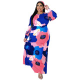 Plus Size Women's Long Sleeve Long Dress Flower Print Fashion Dress Long