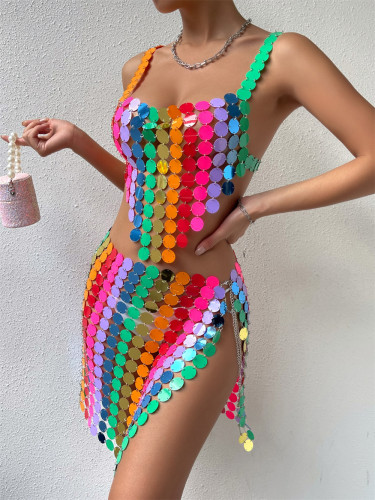Conjunto de falda de dos piezas de lentejuelas sexy multicolor de fiesta de verano