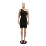 One Shoulder Sequin Patchwork Mesh Bodycon A-Line Short Club Dress Women