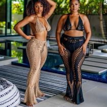 Conjunto de pantalón con parte inferior de campana de bikini con recorte de gancho de vacaciones sexy para mujer