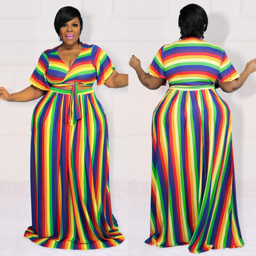 Plus Size Frauen Rainbow Stripe Print V-Ausschnitt Schnür-Kurzarm-Top + langes Kleid zweiteiliges Set