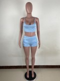 Women Summer Solid Crop Top+shorts Two Piece Set
