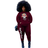 Plus Size Women Fall/Winter Casual Cartoon Character Top Pocket Hoodies+pant Two Piece Set