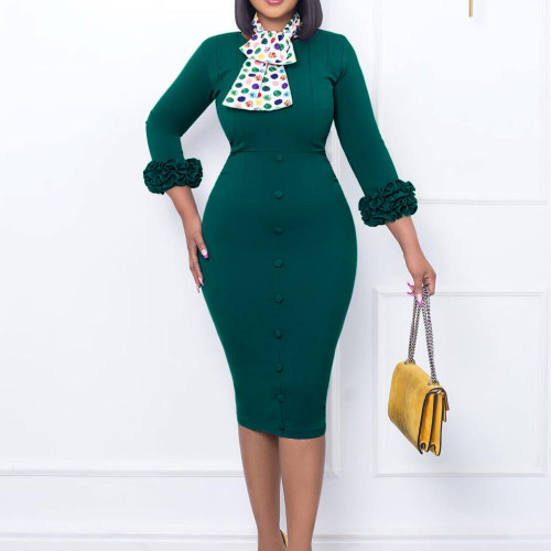 Women Fall Long Sleeve Solid Color Slit Scarf Bodycon Dress