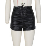 Ladies Fashion Pleated High Waist pu Leather Shorts