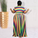 Plus Size Women Rainbow Stripe Print V-Neck Lace-Up Short Sleeve Top+Long Dress Two-Piece Set