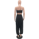 Women Casual Solid Crop Top+ Drop Pants Two-Piece Set