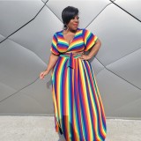 Plus Size Women Rainbow Stripe Print V-Neck Lace-Up Short Sleeve Top+Long Dress Two-Piece Set
