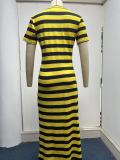 Summer Women Loose Striped Print Short Sleeve Slit Dress