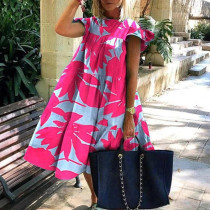 Plus Size Women Summer Dress Round Neck Pink Maple Leaf Casual Beach Dress