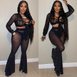 Women Beaded Mesh See-Through Lace-Up Long Sleeve Top + Pants Three-Piece