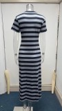 Summer Women Loose Striped Print Short Sleeve Slit Dress