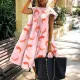 Plus Size Women Summer Dress Round Neck Pink Maple Leaf Casual Beach Dress