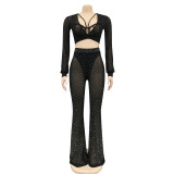 Women Beaded Mesh See-Through Lace-Up Long Sleeve Top + Pants Three-Piece
