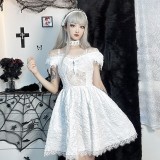 Women Halloween Goth Lace Short Sleeve Dress