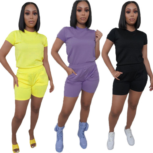 Damenmode lässig einfarbig Sport Zweiteiler Kurzarm T-Shirt Shorts Set