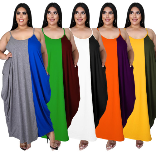 Plus Size Women'S Suspender Women Plus Size Outdoor Wear Summer Colorblock Strap Loose Long Dress