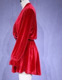 Women'S Fall Sexy Long Sleeve V-Neck Slim Waist Drawstring Velvet Fashion Dress