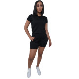 Women Fashion Casual Solid Color Sports Two Piece Short Sleeve T-Shirt Shorts Set