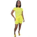 Women Fashion Casual Solid Color Sports Two Piece Short Sleeve T-Shirt Shorts Set