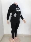 Plus Size Women'S Fall Letter Positioning Print Four Pocket Casual Hoodies And Pants Two Piece  Set