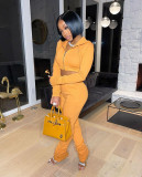 Women'S Autumn And Winter Fashion Hooded Zipper Solid Color Two-Piece Set