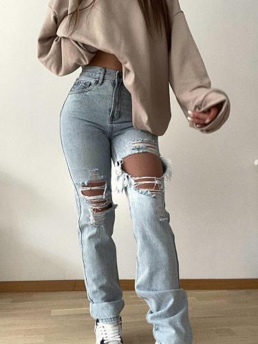 Jeans in denim larghi casual con foro strappato alla moda