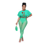 Women'S Summer Mesh Pants Loose Sexy Breathable Printed T-Shirt Two-Piece Set