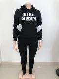 Plus Size Women'S Fall Letter Positioning Print Four Pocket Casual Hoodies And Pants Two Piece  Set