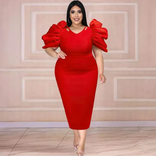 Plus Size Women Cut Out Round Neck Solid Pleated Short Sleeve Bodycon Dress