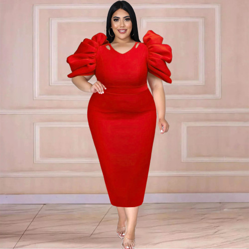 Plus Size Women Cut Out Round Neck Solid Pleated Short Sleeve Bodycon Dress