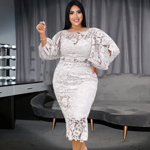 Plus Size Women Lantern Sleeve Vintage Lace Cut Out Bodycon Dress