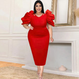 Plus Size Women Cut Out Round Neck Solid Pleated Short Sleeve Bodycon Dress