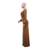 Women Casual Long Sleeve Solid V-Neck - Long Dress
