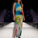 Women Tie-Dye Print Slit Sleeveless Dress