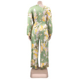 Plus Size Fall Casual Floral Print Belted Long Sleeve Loose Jumpsuit