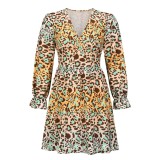 Women Autumn Winter V-Neck Leopard Print Long Sleeve Dress