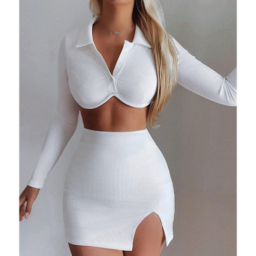Summer Women Long Sleeve Crop Top + Split Mini Dress Two Piece Set