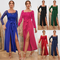 Frauen Herbst Sexy Spitze Langarm Schulterfrei Gürtel Schlitz Jumpsuit