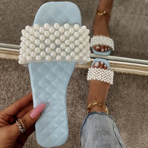 Sandalias de perlas sin cordones planas de verano para mujer
