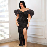 Plus Size Women v-Neck Puff Sleeve Sequined High Waist Slit Maxi Dress