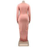 Plus Size Women Solid Round Neck Long Sleeve Dress