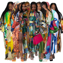 Women Long Sleeve Print Fashion Long Trench Coat